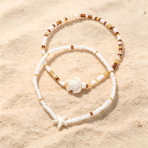 QWALIT 2pcs Boho Anklet Adjustable White Beads Bracelet Anklet for Women Waterproof non Tarnish Sea Turtle Starfish Pendant Beaded Anklets Stackable Plus Size Beach Jewelry Summer Vacation Accessories