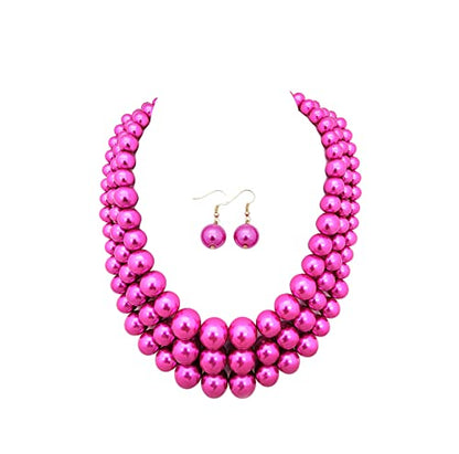 Fashion 21 Women's Faux Pearl Three Multi-Strand Statement Necklace and Earrings Set - color: Hot Pink