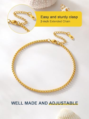 ChainsPro Resizable Anklet Chain for Women Men, Figaro/Wheat/Twist Rope/Cuban Foot Bracelet-Strong with Good Clasp-18K Gold Plated(Send Gift Box) - color: 08:box chain-Gold Plated