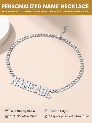 GoldChic JEWELRY Name Necklace Personalized for Men, Womens Custom Name Plate Chain, Stainless Steel Customized Old English Nameplate Choker with Curb Chains Custom, 16 inches to 30 inches - color: Cuban Chain 6 mm- Steel(Large Pendant)