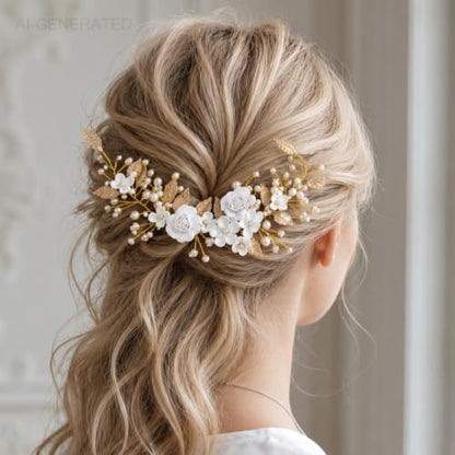 CASDRE Flower Bride Wedding Hair Vine Pearl Bridal Headpiece Leaf Hair Accessories Hair Piece for Women and Girls (B Gold) - color: B Gold