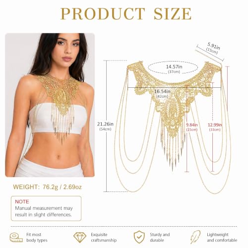 Gold Shoulder Jewelry for Women Fine Chain Body Necklace with Flower Lace Design Sexy Cape Style Accessory for Bikini Dress Showgirl Moroccan Outfit and Festival Wear
