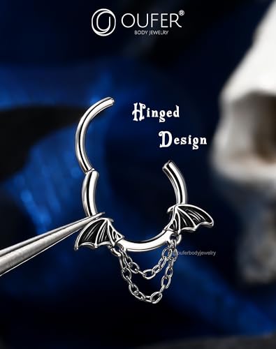 OUFER 16G Halloween Septum Ring Bat Wing Chain Piercing Jewelry | Gothic Stainless Steel Nose Hoop for Women Men | 8MM 10MM Segment Ring for Vampire Cosplay