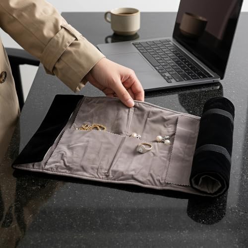 jojofuny Velvet Jewelry Pouch for Traveling Roll up Bag Multiple Independent Compartments, Soft Velvet Protection and Rollup Structure, Jewelry Organizer for Necklaces and Earrings