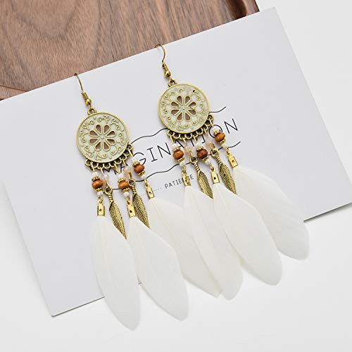 Dreuyet Boho Long Feather Drop Dangle Earrings for Women Retro Bohemian Ethnic Fringe Multicolor Tassel Feather Earring Handmade Statement Dream Catcher Earrings Jewelry - color: White Round Flower