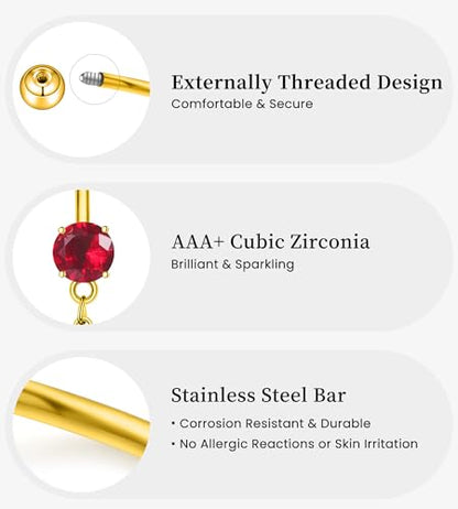 BSJ4U Belly Button Ring Dangle Navel Belly Piercing Jewelry Cute Pink CZ Heart Butterfly Bow Flower Navel Belly Rings for Women 14G Silver Stainless Steel Dainty Dangly Dangling Belly Button Piercing - color: Gold Plated Red CZ Belly Button Rings
