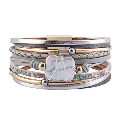 GelConnie Leather Cuff Bracelet Baroque Pearl Wrap Bracelet Gorgeous Gold Tube Bangle Boho Bracelet Bohemian Wristband Jewelry Gift for Women Wife - color: Women Leather Bracelet -Grey