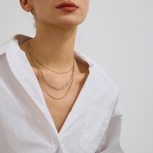 Stackable Chains Women 18K Plated Box Cuban Paperclip Layered Chain Choker Necklace Gold Silver Multi Chain Mixed Metal Stack Chains Set for Women - color: box chain necklace