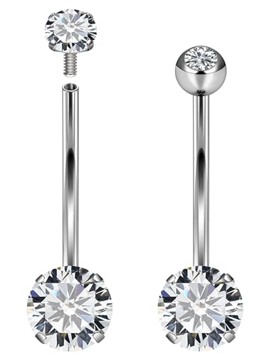 Long Belly Button Ring 6mm 8mm 10mm 12mm 14mm Surgical Stainless Steel Round Cubic Zirconia Navel Barbell Long Bar Belly Button Piercing Jewelry Silver, black, rose gold belly ring - color: 2pcs-14mm-White Belly ring Zircon+Diamond