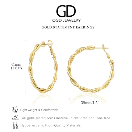 OGD Teardrop Hoop Earrings for Women 14K Gold Plated Large Chunky Oval Pull Through Hoop Earrings Statement Jewelry Gift for Women Hypoallergenic - color: Twisted Hoop-Gold38mm