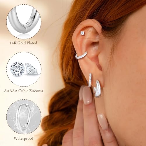 M MOOHAM Gold Hoop Earrings for Women Girls, Hypoallergenic Earring Stacks | Dainty 14K Real Gold Plated Earring Set for Sensitive Ears, Waterproof Non-Tarnish, Lightweight & Comfy, Jewelry Gifts - color: Silver Plated
