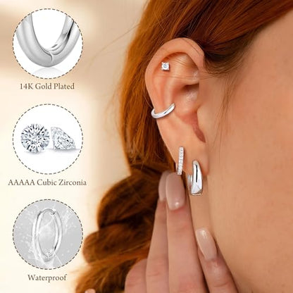 M MOOHAM Gold Hoop Earrings for Women Girls, Hypoallergenic Earring Stacks | Dainty 14K Real Gold Plated Earring Set for Sensitive Ears, Waterproof Non-Tarnish, Lightweight & Comfy, Jewelry Gifts - color: Silver Plated