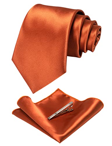 JEMYGINS Mens Solid Color Formal Necktie and Pocket Square, Tie Clip Sets - color: Rust