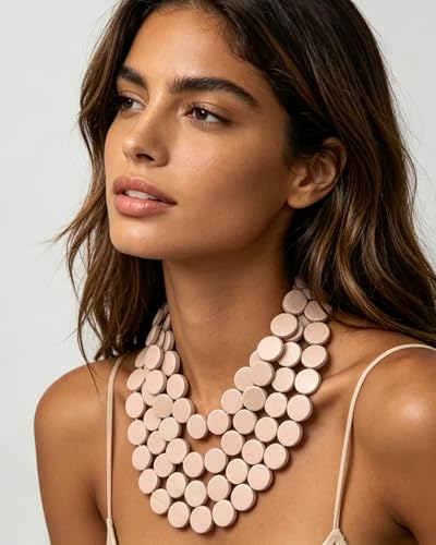 Colorful Beaded Necklace for Women,Chunky Wooden Bib Choker Necklace,Statement African Jewelry Multicolor Maroon Blue Fashion Collar Necklace - color: pink