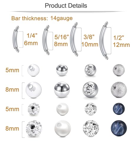 MODRSA Short Belly Button Ring Short Bar Belly Button Rings Surgical Stainless Steel Belly Ring 6mm Belly Button Rings Short Bar 1/4" - color: 2-4 length-replacement balls