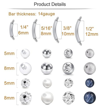 MODRSA Short Belly Button Ring Short Bar Belly Button Rings Surgical Stainless Steel Belly Ring 6mm Belly Button Rings Short Bar 1/4" - color: 2-4 length-replacement balls