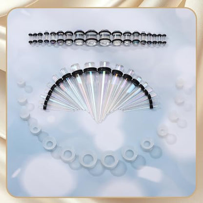 JieyueJewelry 50/54 Pcs Ear Stretching Kit 14G-00G | Acrylic Tapers & Plugs with Silicone Tunnels, Ear Gauges Expander Set Body Piercing Jewelry for Women and Men - color: Clear Colorful