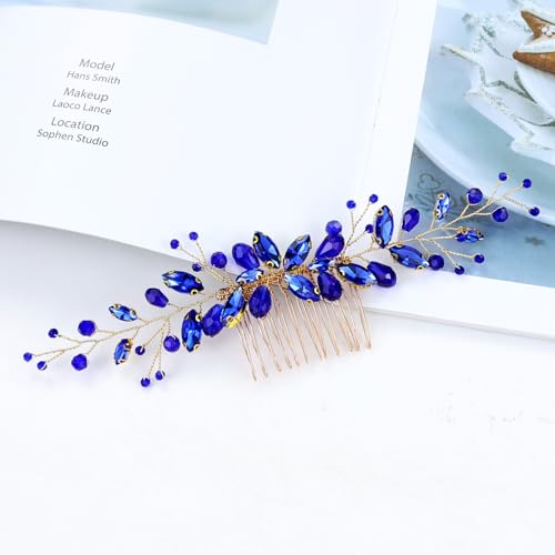 Dizila 7 Pieces Royal Blue Party Prom Wedding Bridal Crystal Rhinestone Vine Leaf Hair Side Combs + Rhinestone U-shaped Hair Pins Headpieces for Brides Bridesmaids Women Girls - color: Royal Blue