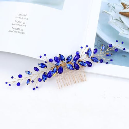 Dizila 7 Pieces Royal Blue Party Prom Wedding Bridal Crystal Rhinestone Vine Leaf Hair Side Combs + Rhinestone U-shaped Hair Pins Headpieces for Brides Bridesmaids Women Girls - color: Royal Blue