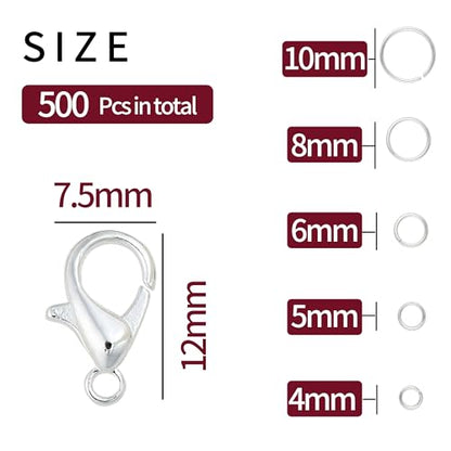 5 Sizes Silver and Gold Open Jump Rings, 500PCS O Rings and Lobster Clasps, Small and Large Jump Rings for Jewelry Making and Keychains