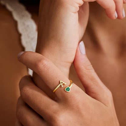 Turandoss Teen Girl Birthday Gifts for 8 9 10 11 12 13 14 15 16 Years | Dainty 14K Gold Plated Initial Letter A-Z Adjustable Heart Birthstone Ring Personalized Birthday Jewelry Gifts