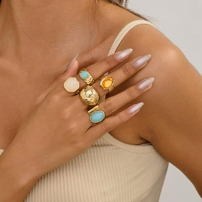 GIGB PBDK Gold Chunky Hammered Dome Resin Rings,Open Adjustable Baroque Pearl Stackable Knuckle Finger Rings Set Party Jewelry Trendy Accessories Gift for Women