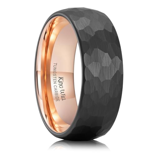 King Will Men's Tungsten Carbide Wedding Ring Hammered Groove Wedding Band Mens Two Tone Engagement Ring for Men and Women Matte Brushed Finish Comfort Fit - color: 8MM Rose Gold-Black
