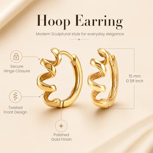 Huggie Hoop Earrings for Women - 14K Gold Plated Spiral Twister Hoop Earring | Zig-Zagging Ripple Pattern Hoop Earring | Wavy Huggie Hoops | Waterproof Twisted Wave Hoop Earrings 15MM