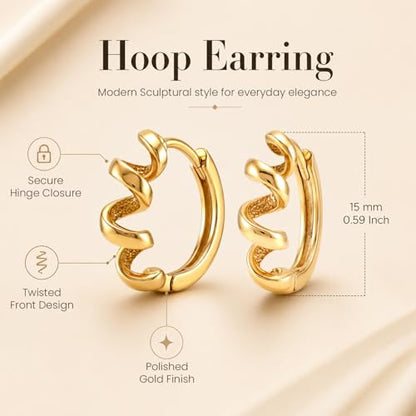 Huggie Hoop Earrings for Women - 14K Gold Plated Spiral Twister Hoop Earring | Zig-Zagging Ripple Pattern Hoop Earring | Wavy Huggie Hoops | Waterproof Twisted Wave Hoop Earrings 15MM