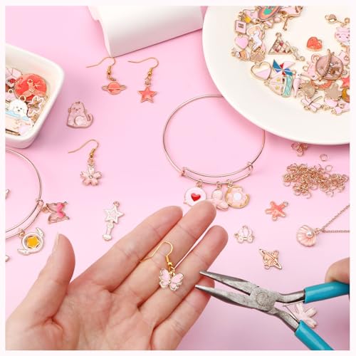 MARFOREVER 120 Pcs Pink Charms for Jewelry Making | Assorted Gold Enamel Pink Pendants, Mixed Theme Flowers Heart Fruit Moon Star Dangle Charms, Bracelet Necklace Earrings Craft