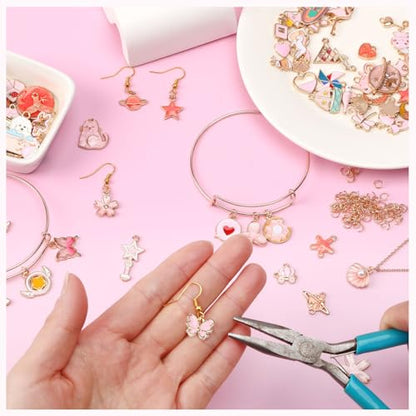 MARFOREVER 120 Pcs Pink Charms for Jewelry Making | Assorted Gold Enamel Pink Pendants, Mixed Theme Flowers Heart Fruit Moon Star Dangle Charms, Bracelet Necklace Earrings Craft