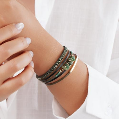 Boho Gemstone Beaded Leather Wrap Bracelets Stackable Chunky Cuff Bracelet Western Jewelry Cowboy Chic Country Concert Outfits for Women - color: Green