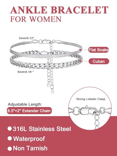 FOCALOOK Anklet Bracelets Set for Women, 14K Gold Plated Layered Anklet Set | Adjustable for Large Ankle, Cuban/Snake/Figaro/Paperclip Chain, Waterproof & Non Tarnish for Everyday Wear, Beach & Summer - color: A:2Pcs-Anklet Set-Silver
