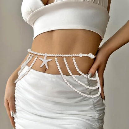 Florry Pearl Waist Chain Seashell Starfish Belly Chain Layered Waist Body Chains Summer Beach Party Club Body Accessories Jewelry for Women - color: Big Starfish