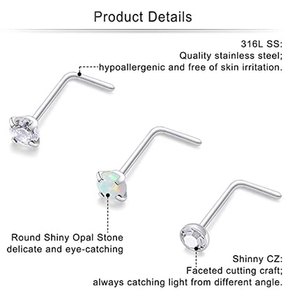 Cisyozi 18G 20G 22G Nose Rings Studs Surgical Steel Nose Stud Set 1.5mm 2mm 2.5mm 3mm Diamond Cubic Zirconia Opal Screw L Shaped Straight Nose Piercing Jewelry for Women Men - color: A:22G-L Shaped -1.5mm