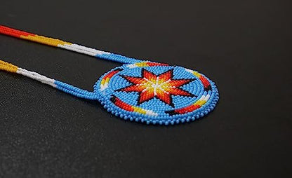 Handmade Native American Style Tribal ethnic Seed Bead Beaded Layered Medallion Necklace - color: Morning Star - Skyblue
