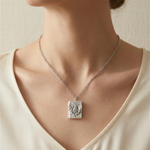 Photo Book Locket Necklace for Women Charm Choker Pendants that Holds Pictures Memorial Jewelry - color: Scottish Thistle