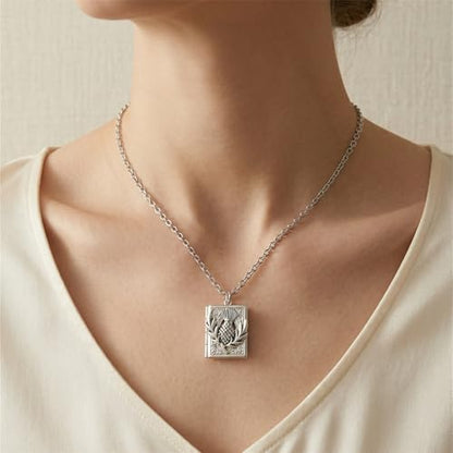 Photo Book Locket Necklace for Women Charm Choker Pendants that Holds Pictures Memorial Jewelry - color: Scottish Thistle