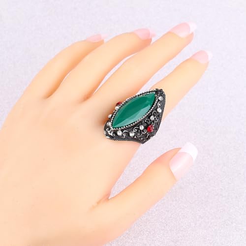 Vintage Green Gemstone & Red Crystal Statement Ring, Black Silver-Tone Band with Large Teardrop Stone Cocktail Rings, White/Red Crystal Accents Boho Ring,Gothic Retro Accessory Jewelry