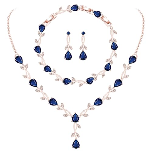 GZWHD Wedding Jewelry Sets for Bride Bridesmaid Women Cubic Zirconia Necklace Earrings Bracelet Set Gift for Mother Friend Wife Daughter Sister Party Prom Jewelry - color: Rose Gold-Blue