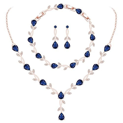 GZWHD Wedding Jewelry Sets for Bride Bridesmaid Women Cubic Zirconia Necklace Earrings Bracelet Set Gift for Mother Friend Wife Daughter Sister Party Prom Jewelry - color: Rose Gold-Blue