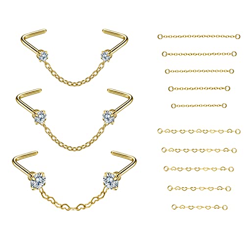 PunkTracker 20G Nose Rings 2mm 2.5mm 3mm CZ Nose Studs | with Chains Surgical Steel Nose Piercing Jewelry Nose Ring Studs - style: Gold, L-Shape, B