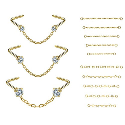 PunkTracker 20G Nose Rings 2mm 2.5mm 3mm CZ Nose Studs | with Chains Surgical Steel Nose Piercing Jewelry Nose Ring Studs - style: Gold, L-Shape, B