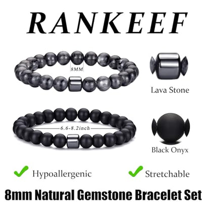 Mens Beaded Bracelets Set 8MM Tiger Eye Lava Stone Stretch Natural Stone Men's Bead Bracelet Mens Bracelet - color: 2, Black, Gray Bracelet