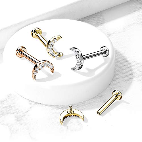 Pierced Owl - 16GA Stainless Steel Internally Threaded Crystal Paved Crescent Moon Top Flat Back Lip Cartilage Tragus Stud