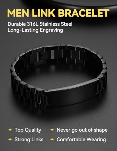 ChainsHouse Men Stainless Steel Bracelet Adjustable Custom ID Engraved Gift | Personalized Silver/Gold/Black for Birthday Father Husband Boyfriend with Gift Box Adjustable Tool 10mm/15mm/15.5mm 8.3"/8.7" - color: Q.15mm Width-Black-No Custom