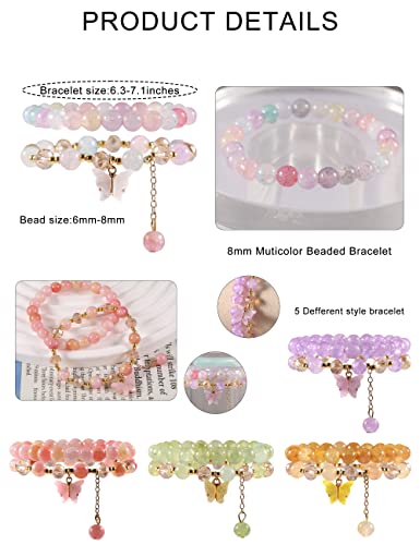 10Pcs Beaded Crystal Bracelets for Women, Bohemian Stackable Bead Bracelets with Butterfly Charm Multilayered Bracelet Pack Handmade Jewelry