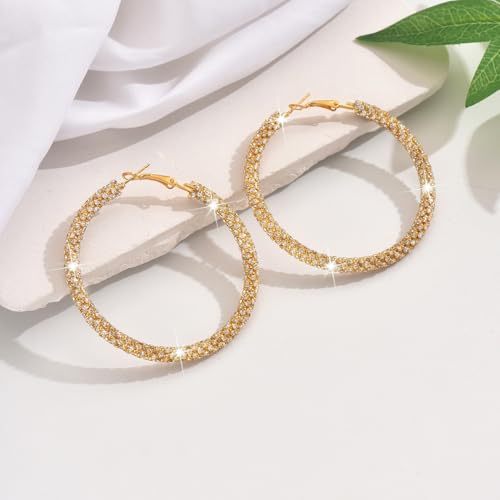 Large Gold Rhinestone Hoop Earrings Silver Sparkly Big Hoop Earrings for Women Black Earring Bling Chunky Silver Hoops 60mm Trendy Statement Earring for Women Bling Hoop for Prom Wedding Party Chunky Jewelry - style: Gold-Plated Hoops 60mm