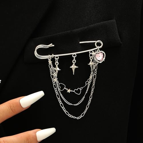 2 Pcs Chain Tassel Brooch Pins Set for Women Rhinestone Heart Flower Star Long Chain Bling Crystal Pearl Sweater Shawl Clips Punk Collar Chain Brooch Costume Jewelry - style: Style C
