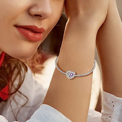 Birth Flower Birthstone Charm for Pandora Charms Bracelets Necklace 925 Sterling Silver Heart Love Charm Birthday Mother's Day Christmas Jewelry Gifts - color: 02-February